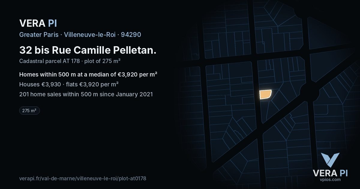32 bis Rue Camille Pelletan, Villeneuve-le-Roi at night – the plot lit, the parcels around coloured by the prices near them
