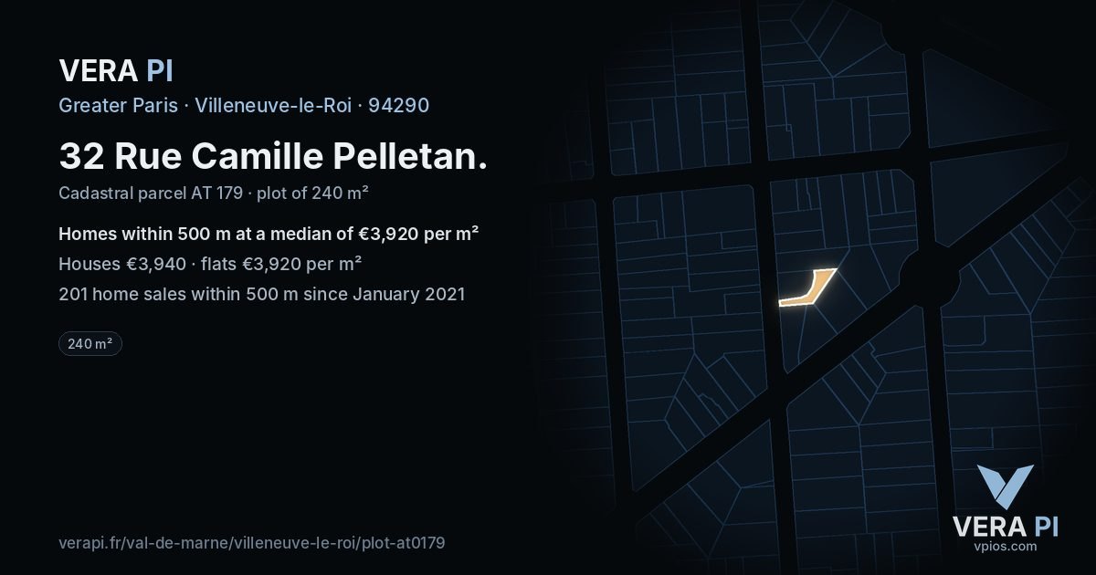 32 Rue Camille Pelletan, Villeneuve-le-Roi at night – the plot lit, the parcels around coloured by the prices near them