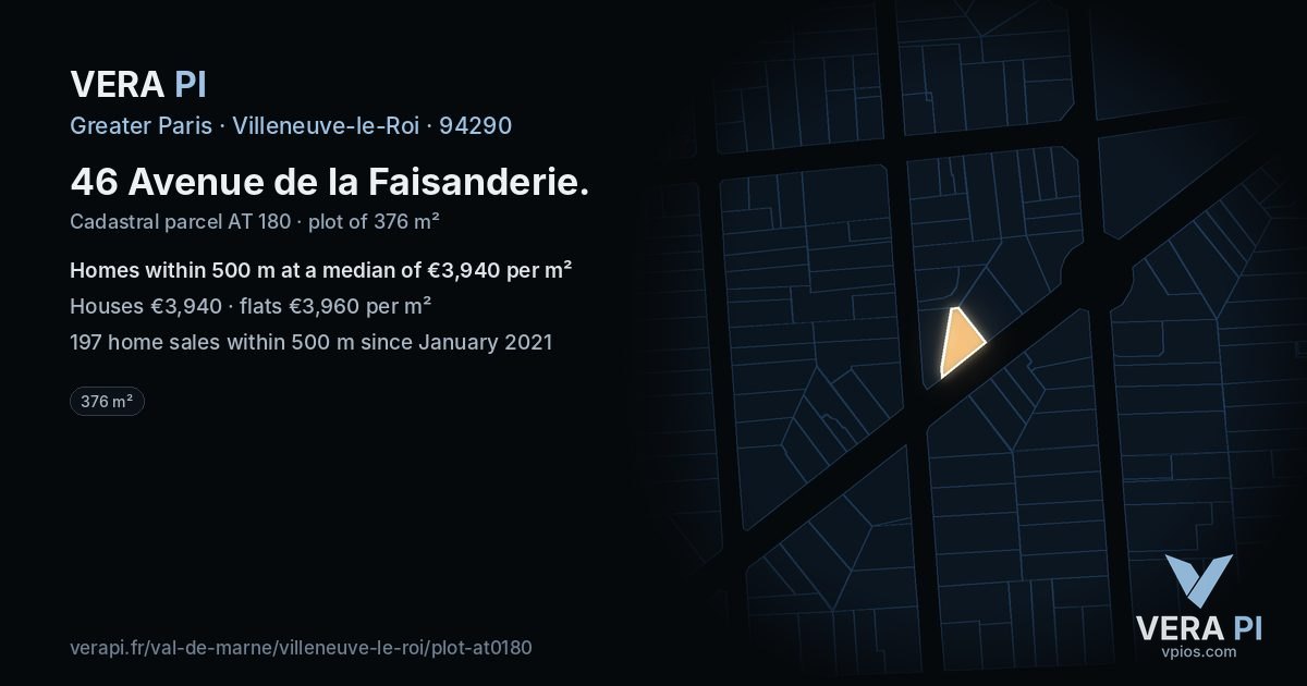 46 Avenue de la Faisanderie, Villeneuve-le-Roi at night – the plot lit, the parcels around coloured by the prices near them