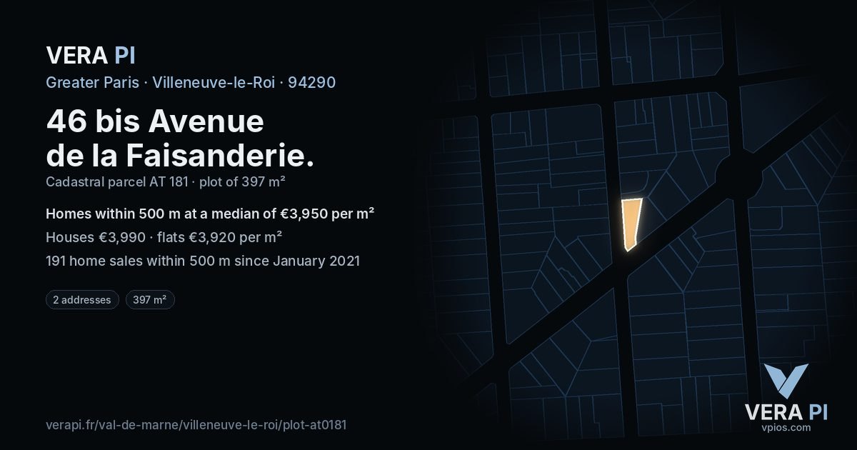 46 bis Avenue de la Faisanderie, Villeneuve-le-Roi at night – the plot lit, the parcels around coloured by the prices near them