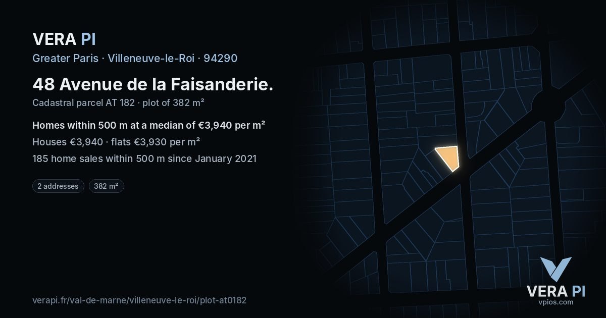 48 Avenue de la Faisanderie, Villeneuve-le-Roi at night – the plot lit, the parcels around coloured by the prices near them