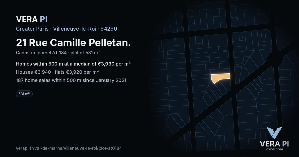 21 Rue Camille Pelletan, Villeneuve-le-Roi at night – the plot lit, the parcels around coloured by the prices near them