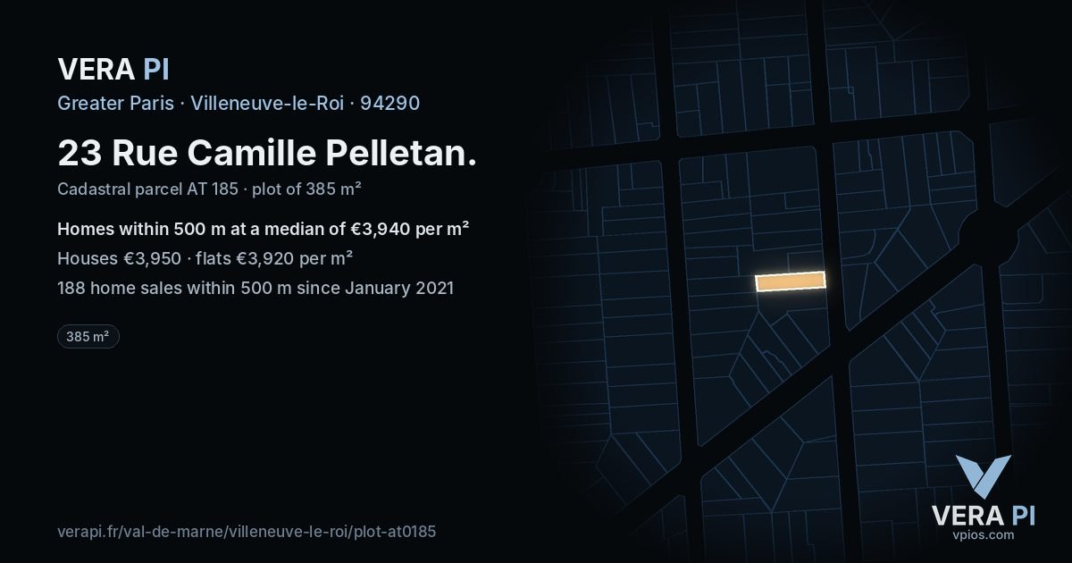 23 Rue Camille Pelletan, Villeneuve-le-Roi at night – the plot lit, the parcels around coloured by the prices near them