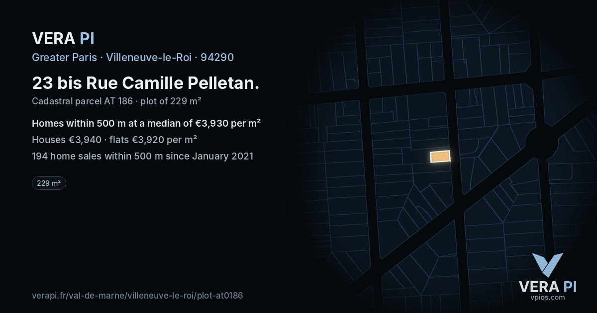 23 bis Rue Camille Pelletan, Villeneuve-le-Roi at night – the plot lit, the parcels around coloured by the prices near them