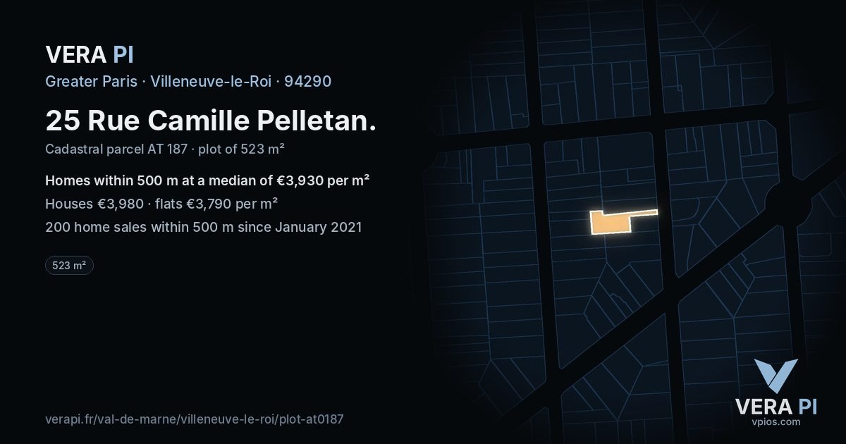 25 Rue Camille Pelletan, Villeneuve-le-Roi at night – the plot lit, the parcels around coloured by the prices near them