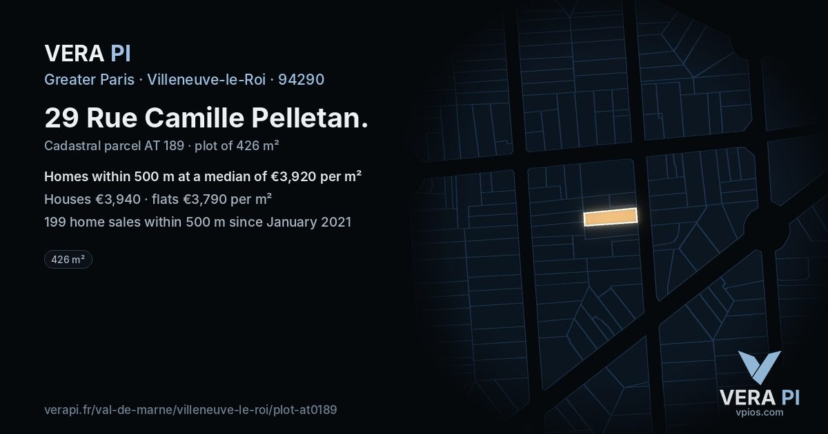29 Rue Camille Pelletan, Villeneuve-le-Roi at night – the plot lit, the parcels around coloured by the prices near them