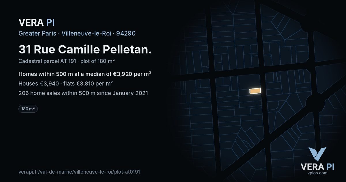 31 Rue Camille Pelletan, Villeneuve-le-Roi at night – the plot lit, the parcels around coloured by the prices near them