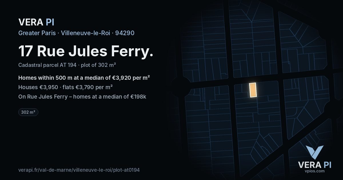 17 Rue Jules Ferry, Villeneuve-le-Roi at night – the plot lit, the parcels around coloured by the prices near them