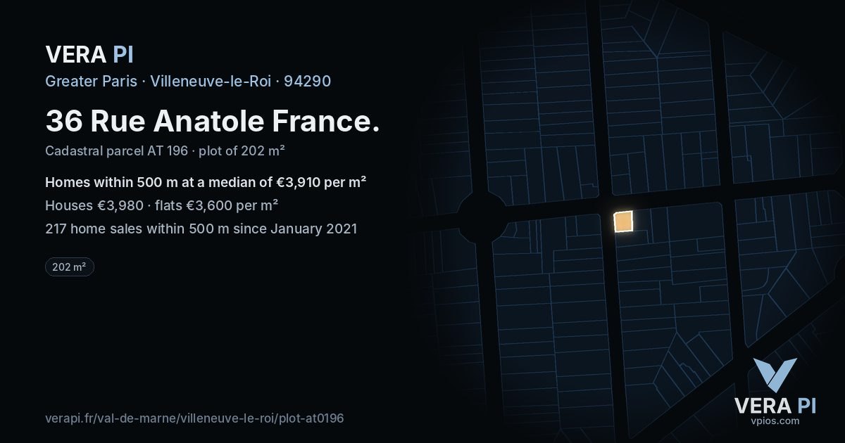 36 Rue Anatole France, Villeneuve-le-Roi at night – the plot lit, the parcels around coloured by the prices near them