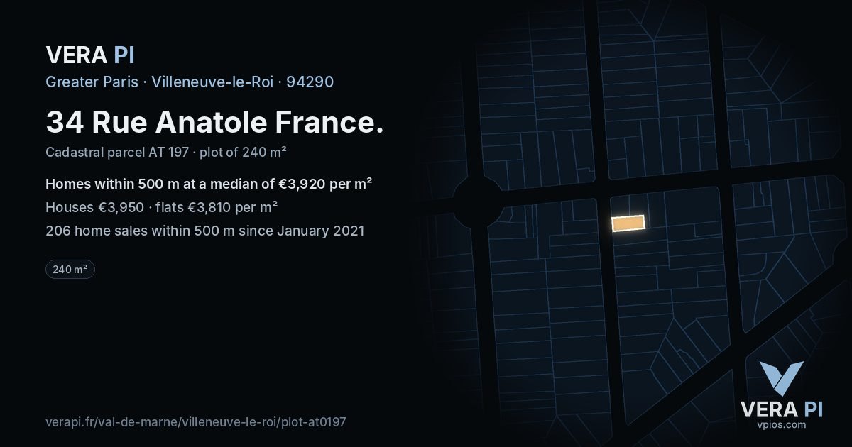 34 Rue Anatole France, Villeneuve-le-Roi at night – the plot lit, the parcels around coloured by the prices near them
