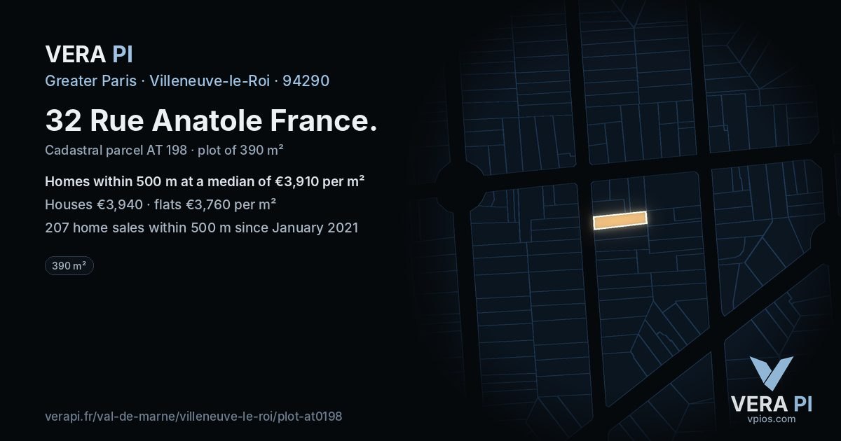 32 Rue Anatole France, Villeneuve-le-Roi at night – the plot lit, the parcels around coloured by the prices near them