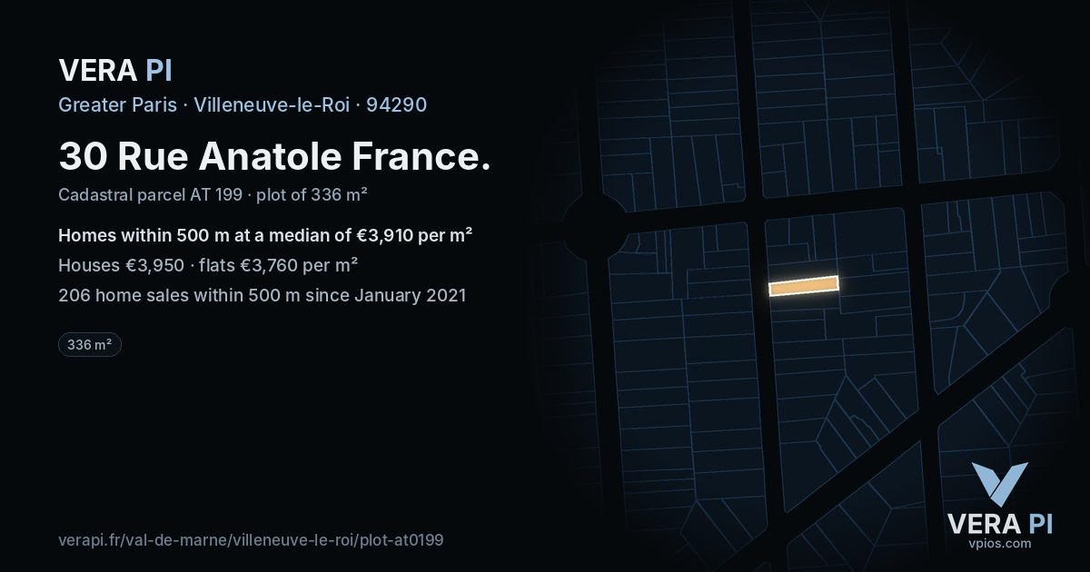 30 Rue Anatole France, Villeneuve-le-Roi at night – the plot lit, the parcels around coloured by the prices near them