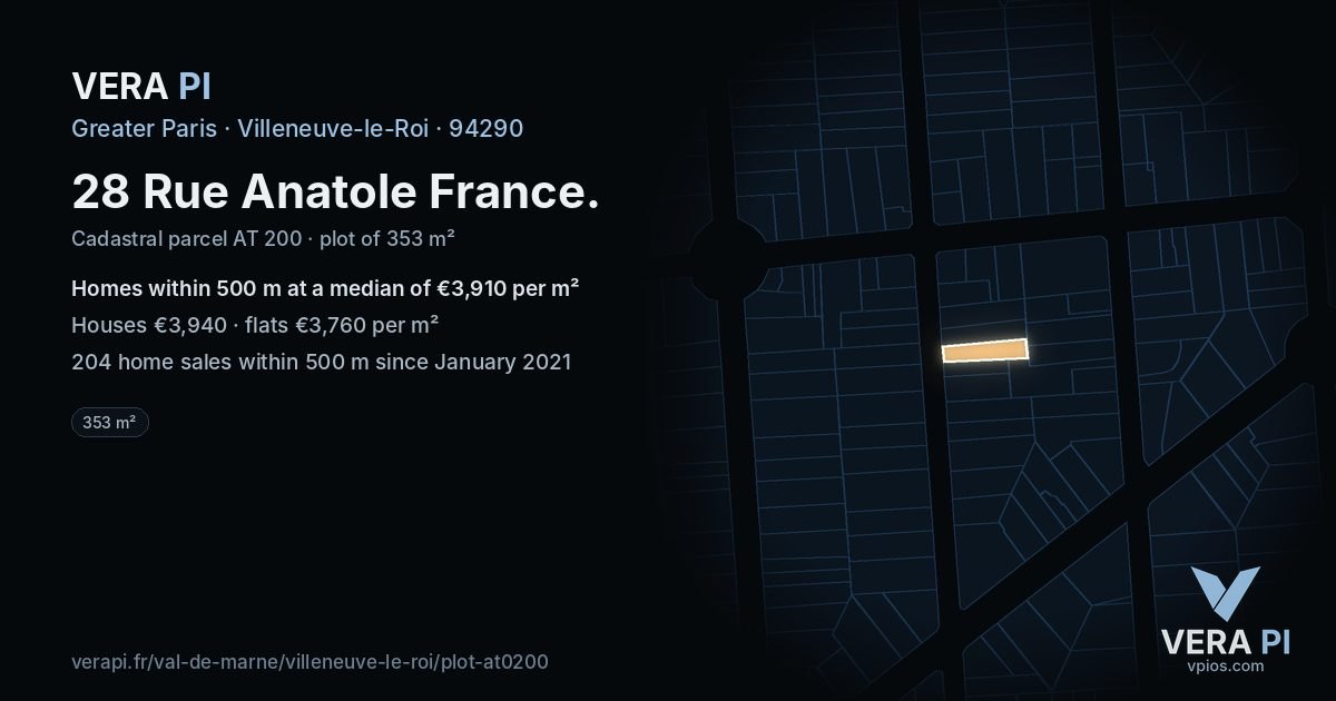 28 Rue Anatole France, Villeneuve-le-Roi at night – the plot lit, the parcels around coloured by the prices near them