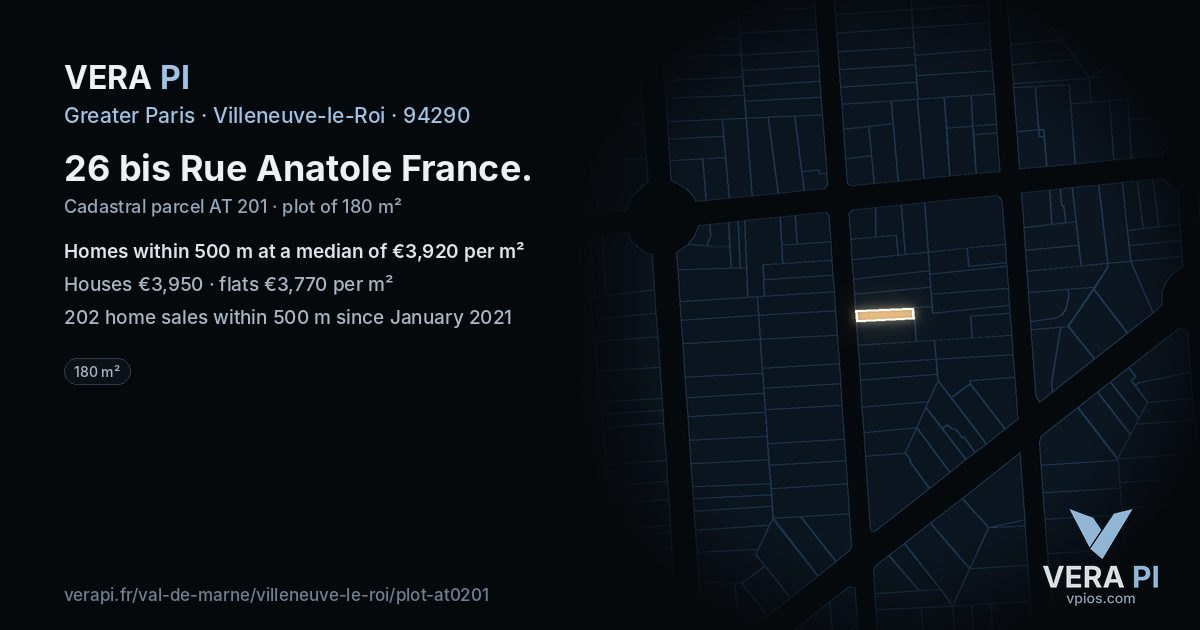 26 bis Rue Anatole France, Villeneuve-le-Roi at night – the plot lit, the parcels around coloured by the prices near them