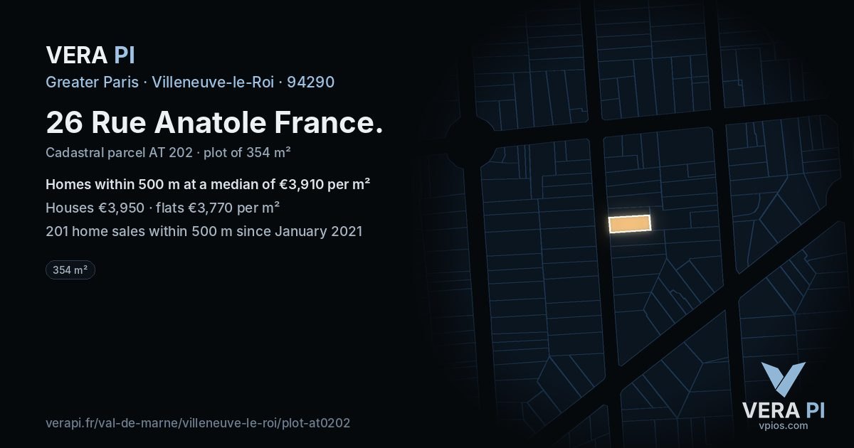 26 Rue Anatole France, Villeneuve-le-Roi at night – the plot lit, the parcels around coloured by the prices near them