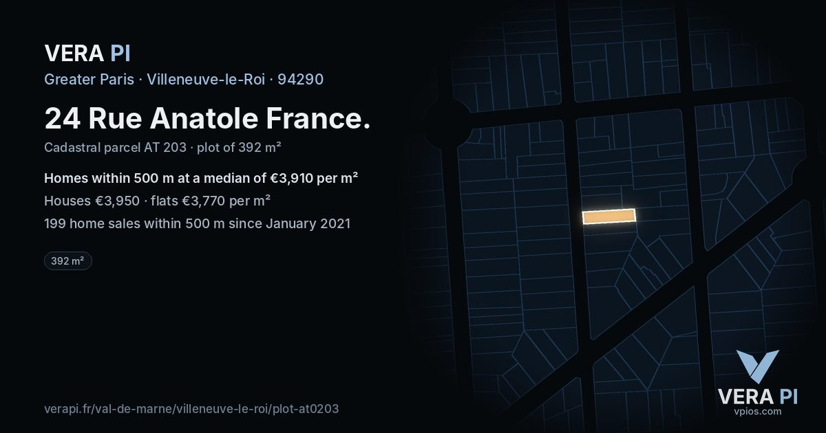 24 Rue Anatole France, Villeneuve-le-Roi at night – the plot lit, the parcels around coloured by the prices near them
