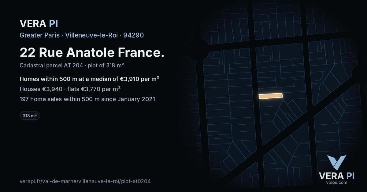 22 Rue Anatole France, Villeneuve-le-Roi at night – the plot lit, the parcels around coloured by the prices near them