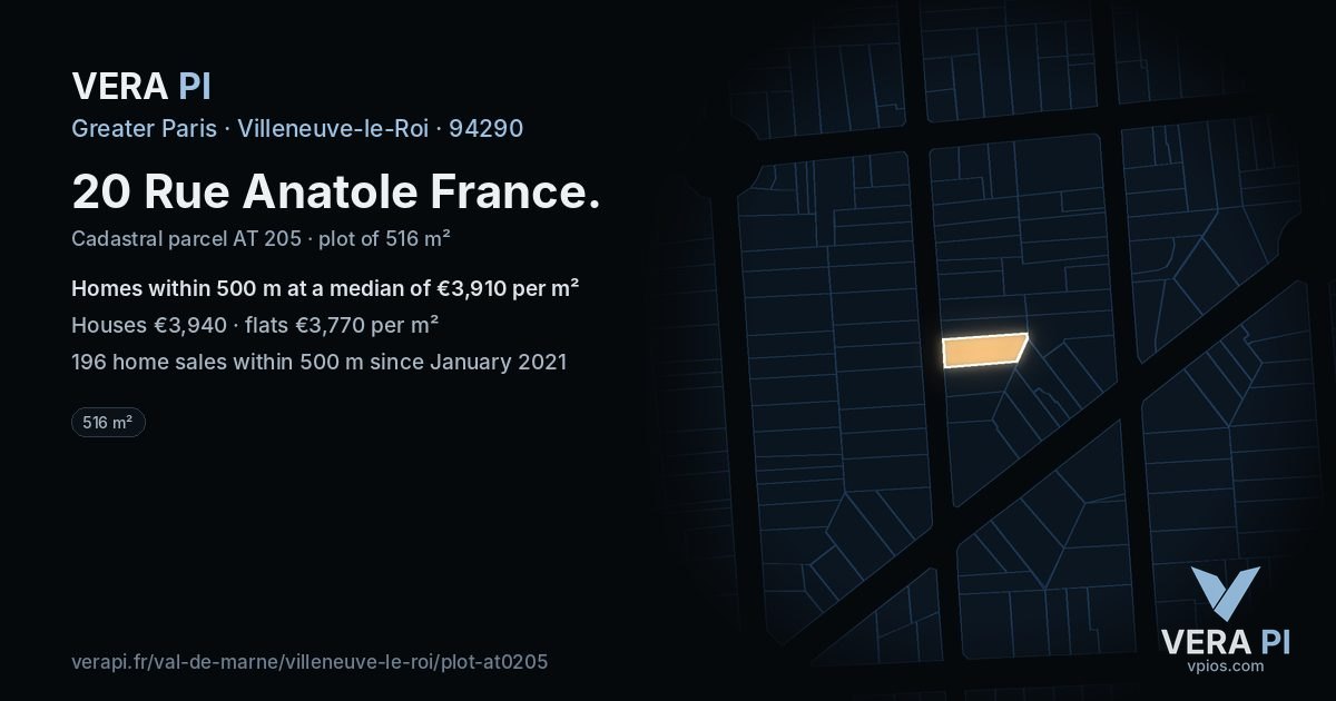 20 Rue Anatole France, Villeneuve-le-Roi at night – the plot lit, the parcels around coloured by the prices near them