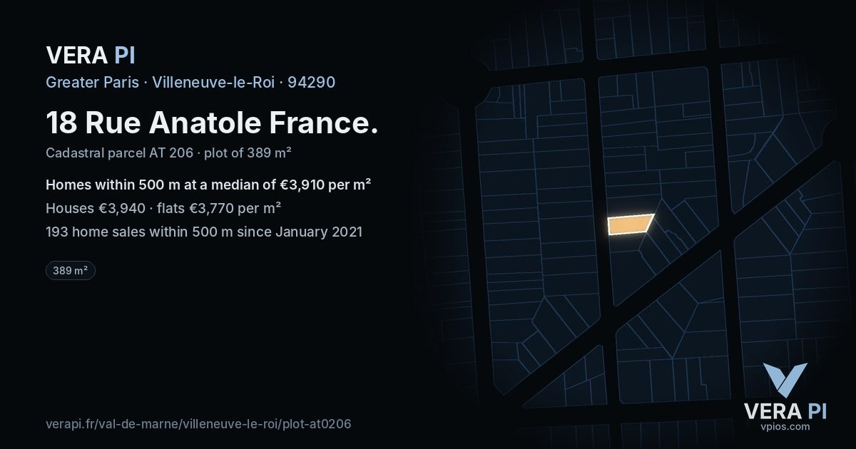 18 Rue Anatole France, Villeneuve-le-Roi at night – the plot lit, the parcels around coloured by the prices near them