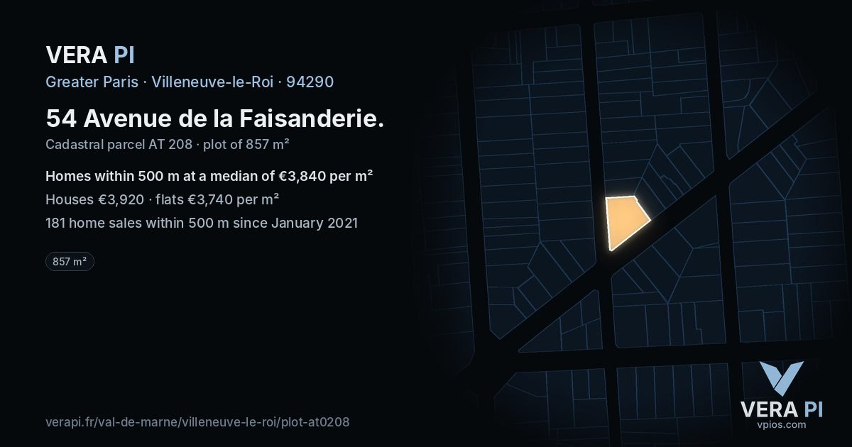 54 Avenue de la Faisanderie, Villeneuve-le-Roi at night – the plot lit, the parcels around coloured by the prices near them