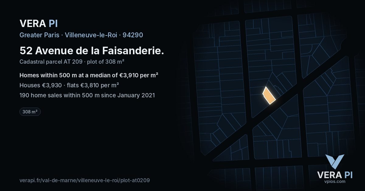 52 Avenue de la Faisanderie, Villeneuve-le-Roi at night – the plot lit, the parcels around coloured by the prices near them