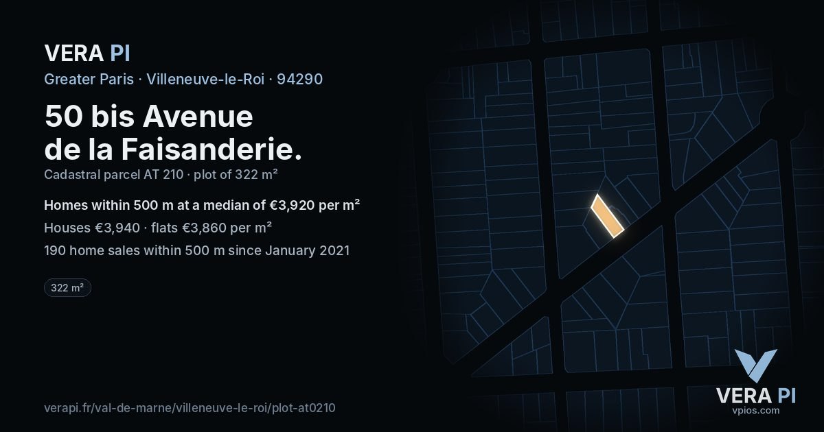 50 bis Avenue de la Faisanderie, Villeneuve-le-Roi at night – the plot lit, the parcels around coloured by the prices near them