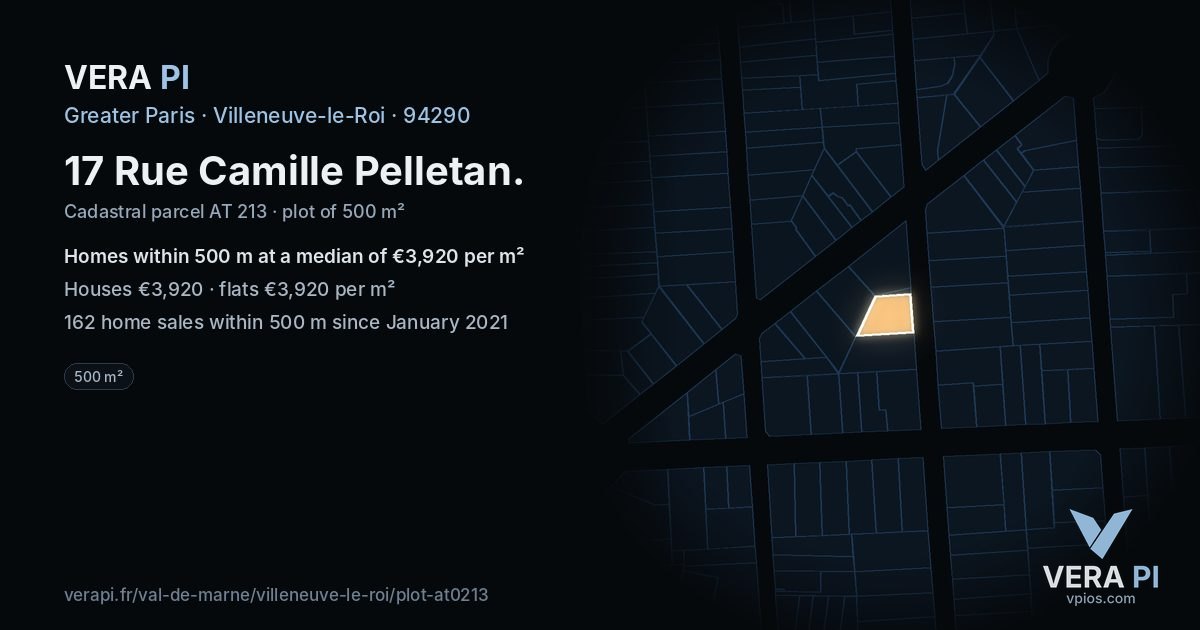 17 Rue Camille Pelletan, Villeneuve-le-Roi at night – the plot lit, the parcels around coloured by the prices near them