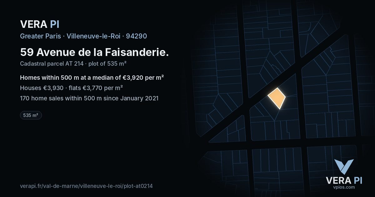 59 Avenue de la Faisanderie, Villeneuve-le-Roi at night – the plot lit, the parcels around coloured by the prices near them
