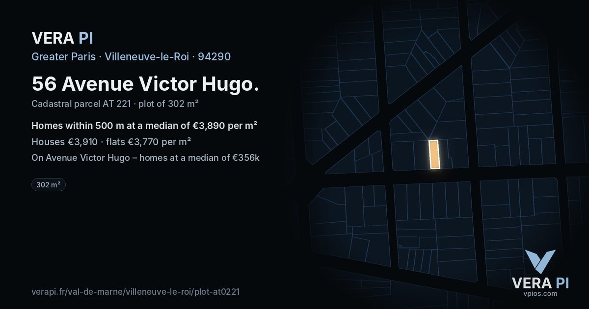 56 Avenue Victor Hugo, Villeneuve-le-Roi at night – the plot lit, the parcels around coloured by the prices near them