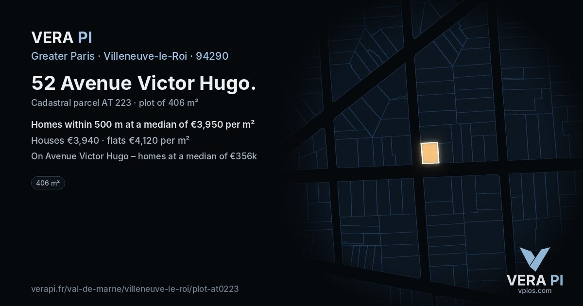 52 Avenue Victor Hugo, Villeneuve-le-Roi at night – the plot lit, the parcels around coloured by the prices near them