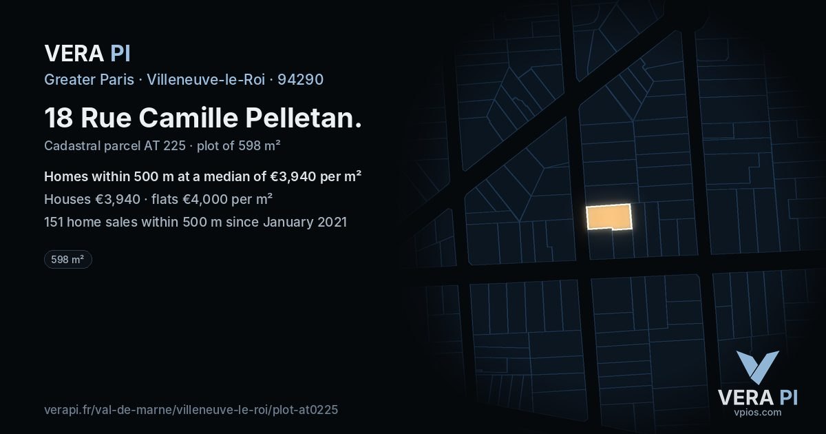 18 Rue Camille Pelletan, Villeneuve-le-Roi at night – the plot lit, the parcels around coloured by the prices near them