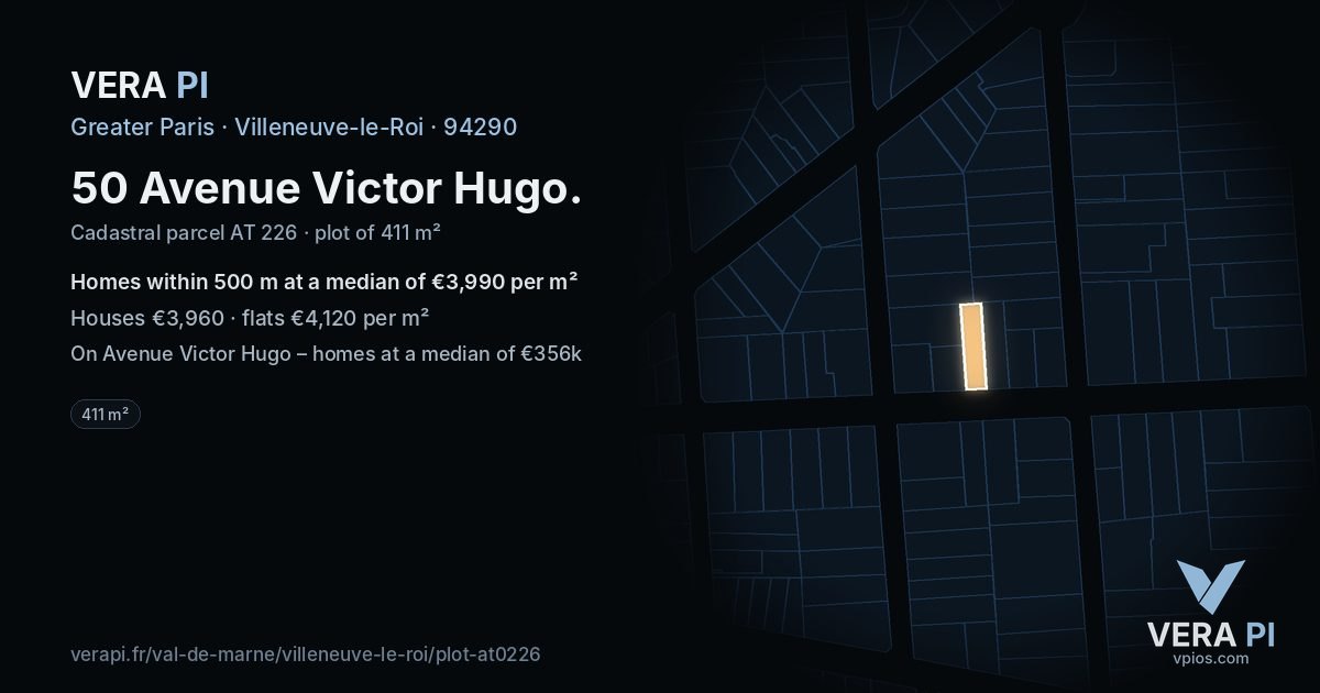 50 Avenue Victor Hugo, Villeneuve-le-Roi at night – the plot lit, the parcels around coloured by the prices near them