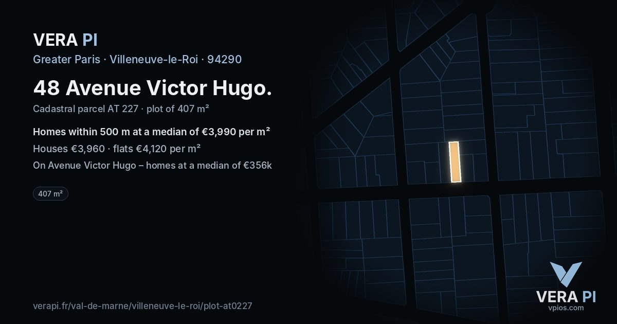 48 Avenue Victor Hugo, Villeneuve-le-Roi at night – the plot lit, the parcels around coloured by the prices near them