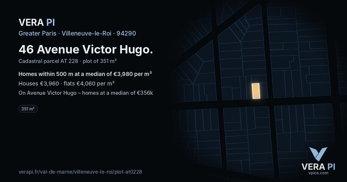 46 Avenue Victor Hugo, Villeneuve-le-Roi at night – the plot lit, the parcels around coloured by the prices near them