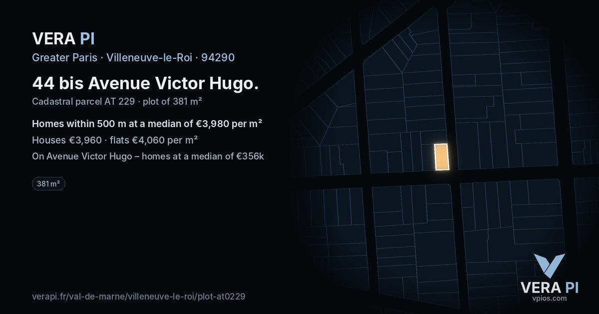 44 bis Avenue Victor Hugo, Villeneuve-le-Roi at night – the plot lit, the parcels around coloured by the prices near them