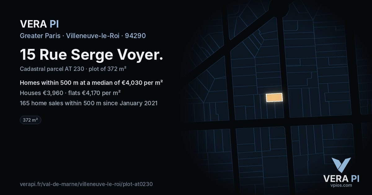 15 Rue Serge Voyer, Villeneuve-le-Roi at night – the plot lit, the parcels around coloured by the prices near them