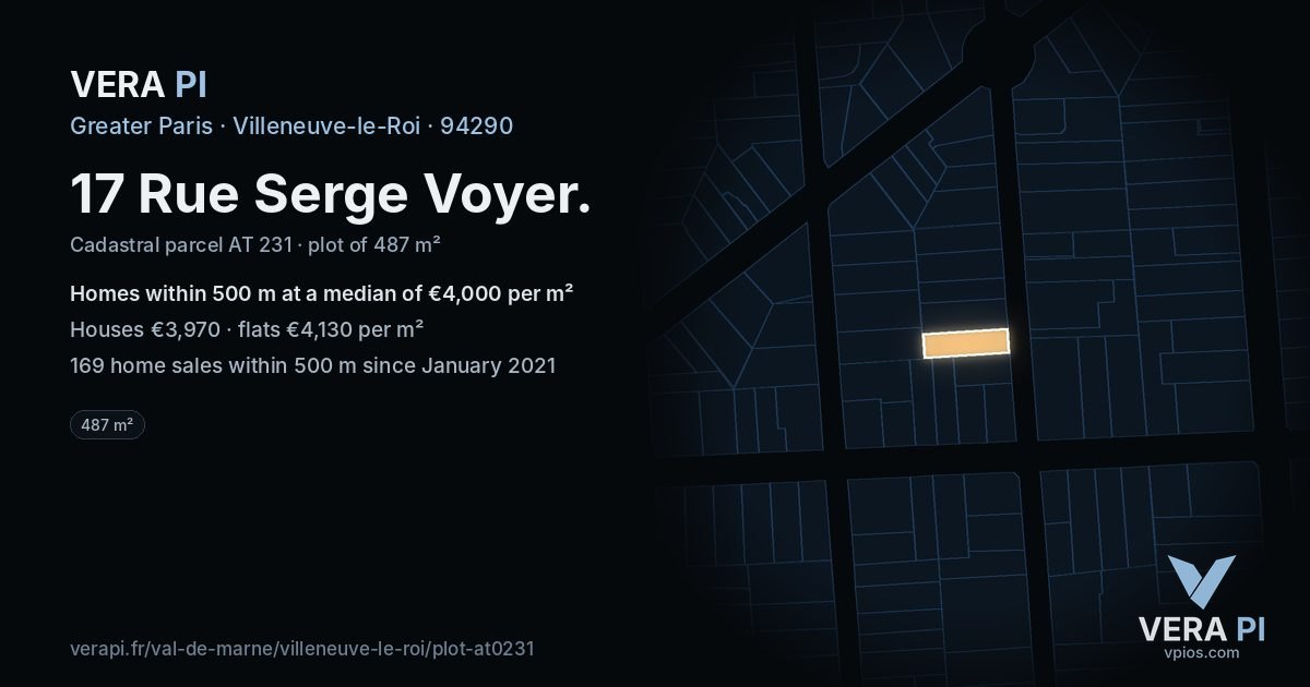 17 Rue Serge Voyer, Villeneuve-le-Roi at night – the plot lit, the parcels around coloured by the prices near them