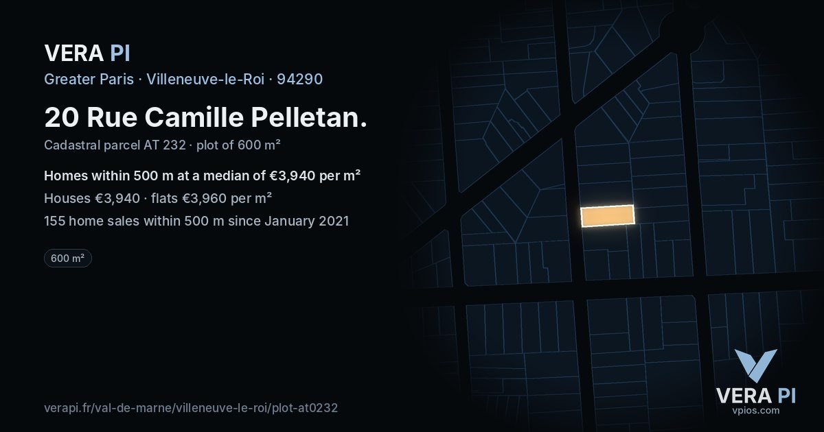 20 Rue Camille Pelletan, Villeneuve-le-Roi at night – the plot lit, the parcels around coloured by the prices near them
