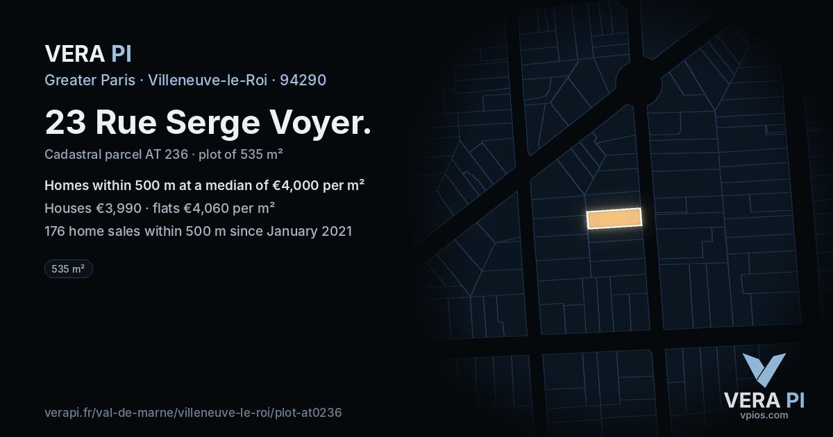 23 Rue Serge Voyer, Villeneuve-le-Roi at night – the plot lit, the parcels around coloured by the prices near them