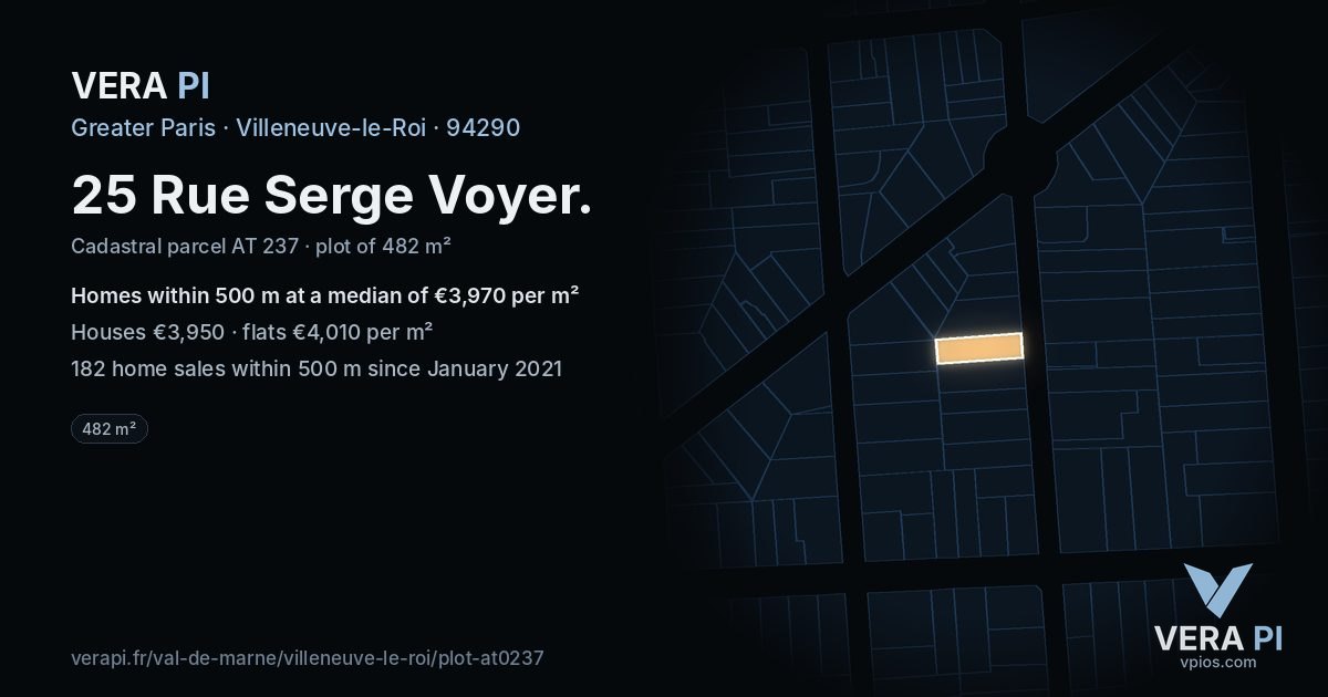 25 Rue Serge Voyer, Villeneuve-le-Roi at night – the plot lit, the parcels around coloured by the prices near them