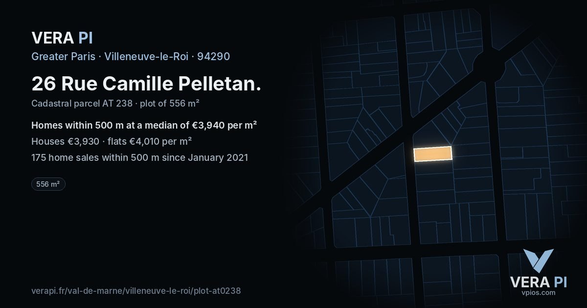 26 Rue Camille Pelletan, Villeneuve-le-Roi at night – the plot lit, the parcels around coloured by the prices near them