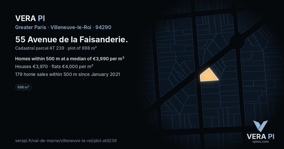 55 Avenue de la Faisanderie, Villeneuve-le-Roi at night – the plot lit, the parcels around coloured by the prices near them