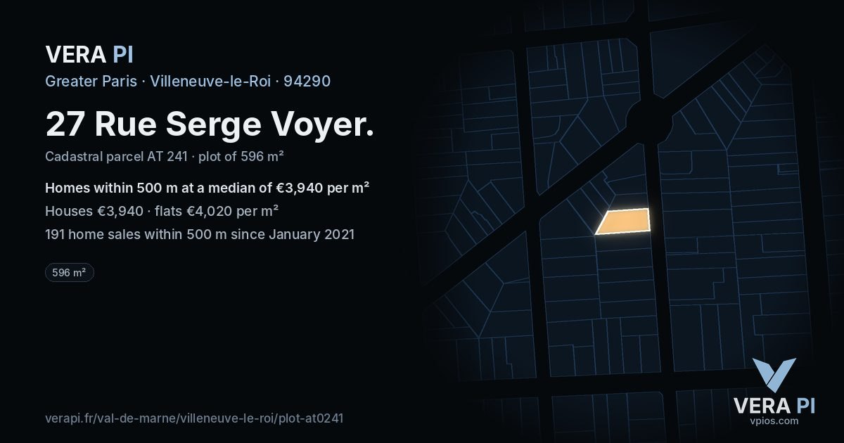 27 Rue Serge Voyer, Villeneuve-le-Roi at night – the plot lit, the parcels around coloured by the prices near them