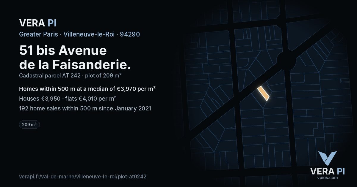 51 bis Avenue de la Faisanderie, Villeneuve-le-Roi at night – the plot lit, the parcels around coloured by the prices near them