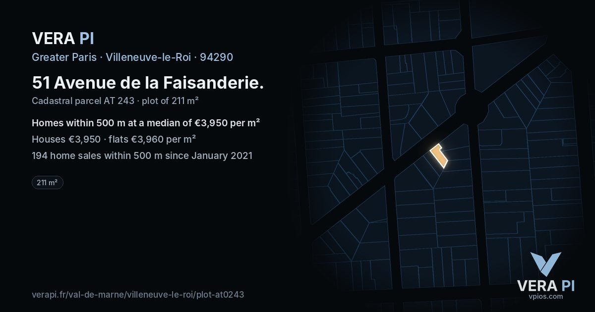 51 Avenue de la Faisanderie, Villeneuve-le-Roi at night – the plot lit, the parcels around coloured by the prices near them