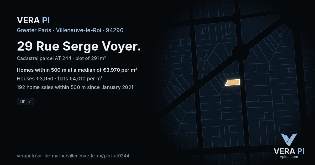 29 Rue Serge Voyer, Villeneuve-le-Roi at night – the plot lit, the parcels around coloured by the prices near them