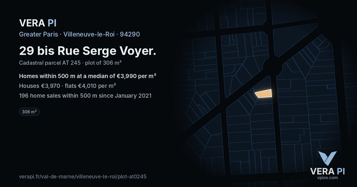 29 bis Rue Serge Voyer, Villeneuve-le-Roi at night – the plot lit, the parcels around coloured by the prices near them