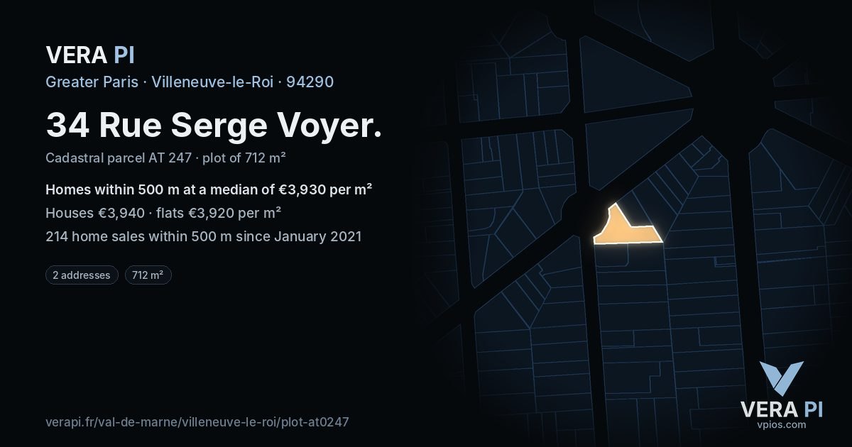 34 Rue Serge Voyer, Villeneuve-le-Roi at night – the plot lit, the parcels around coloured by the prices near them