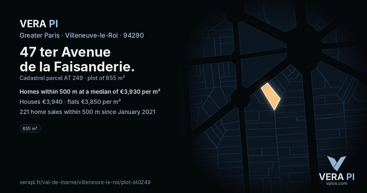 47 ter Avenue de la Faisanderie, Villeneuve-le-Roi at night – the plot lit, the parcels around coloured by the prices near them