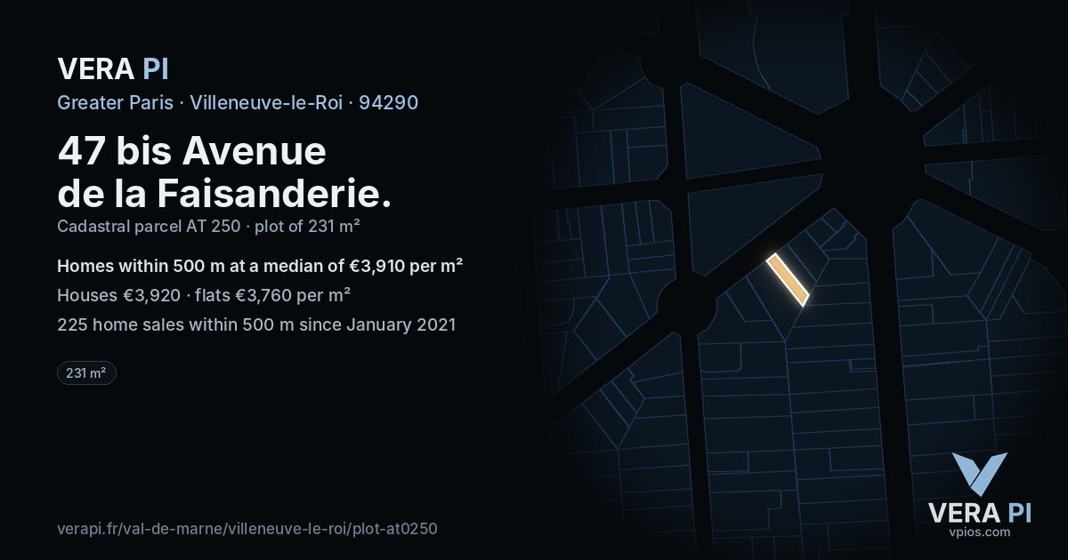 47 bis Avenue de la Faisanderie, Villeneuve-le-Roi at night – the plot lit, the parcels around coloured by the prices near them